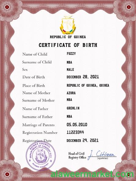 Guinea vital record birth certificate PSD template